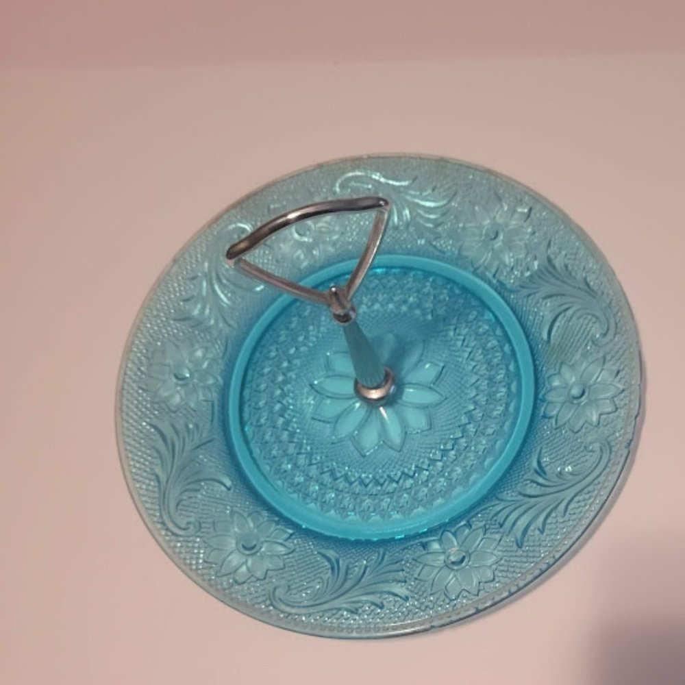 Vintage Blue Indiana Glass Tiara serving Relish, Sandwich Tray Dish with Handle - Picture 2 of 5